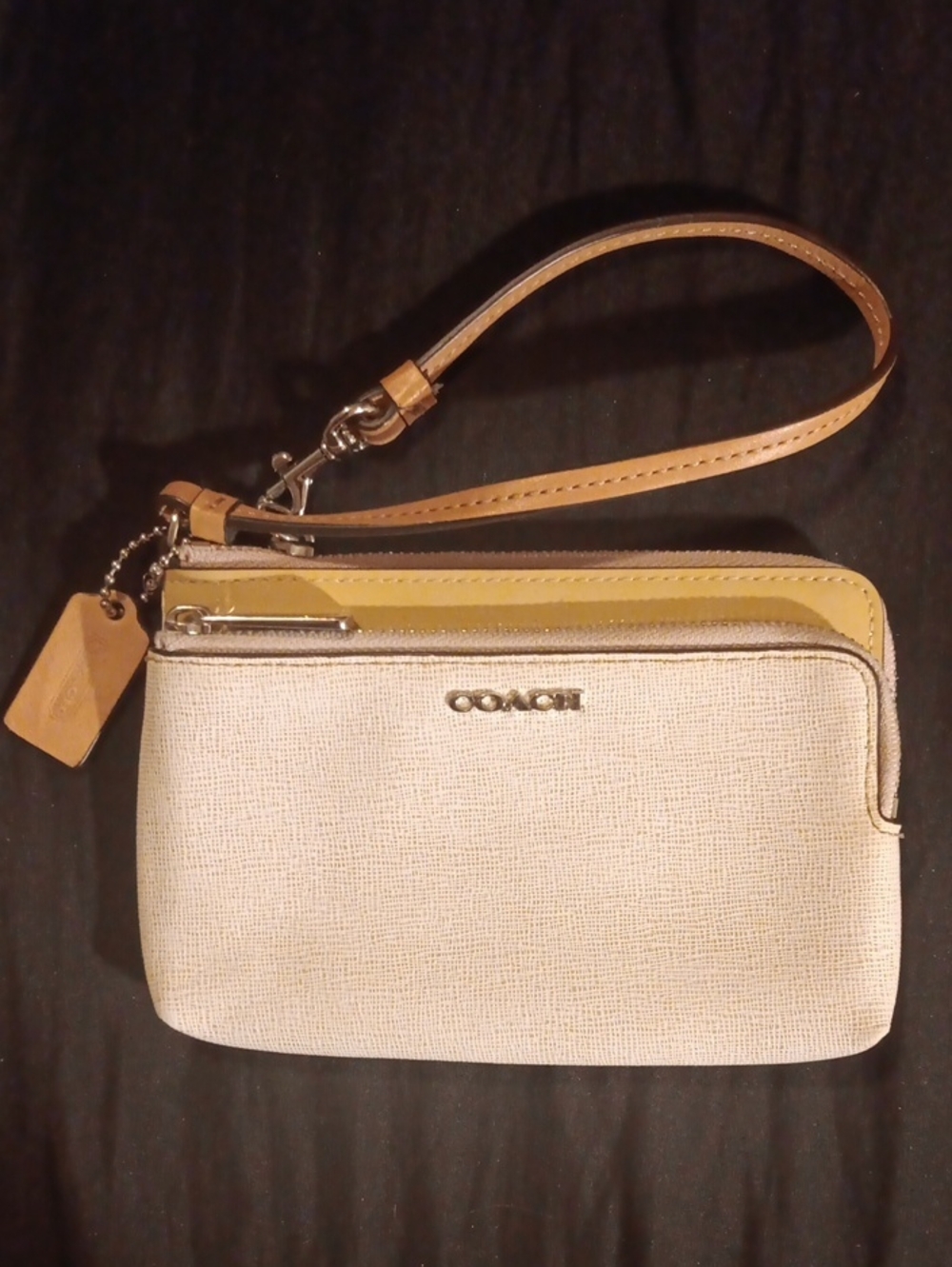 Coach Cream and Tan Double Zip Wristlet